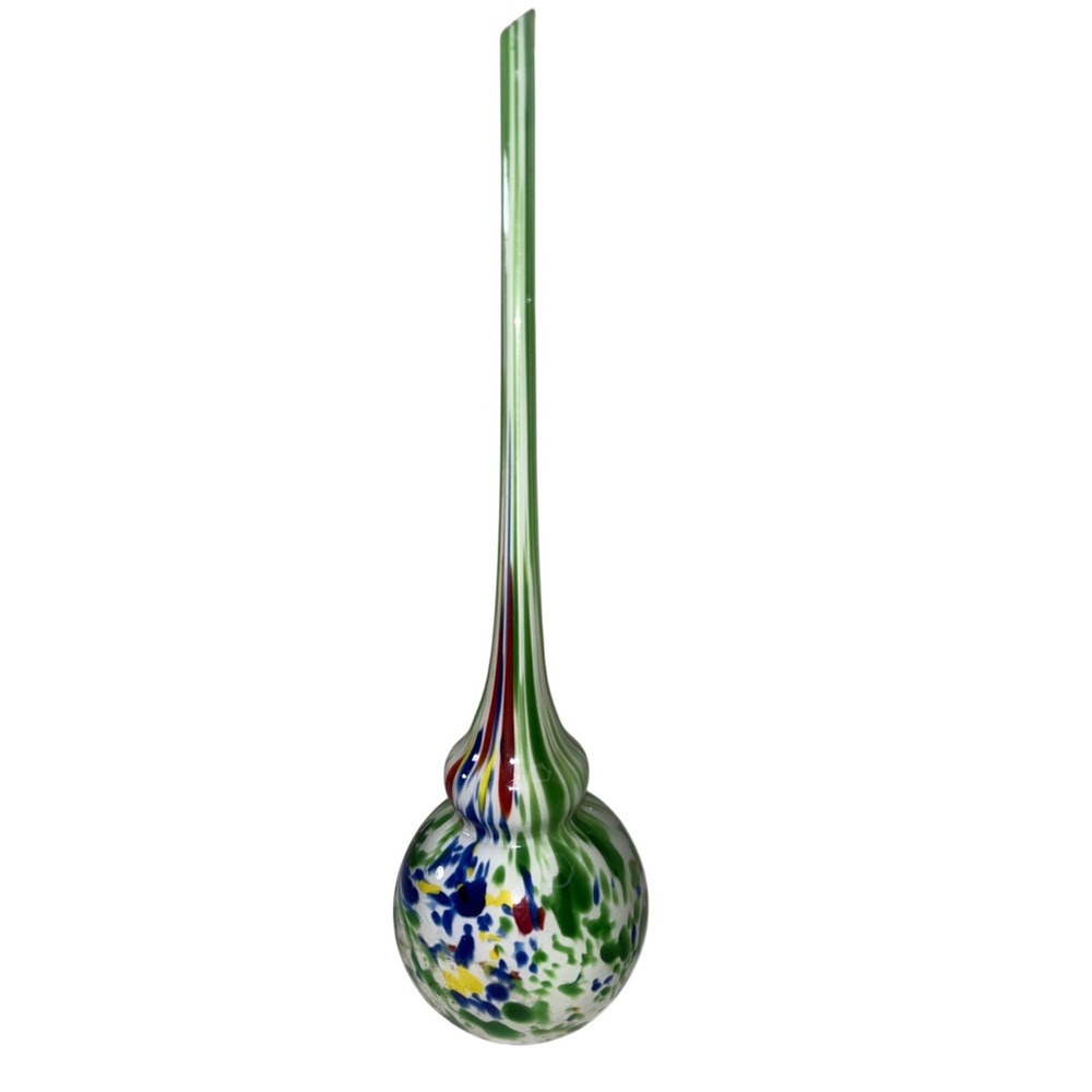 Murano Art Glass Bud Vase Confetti End of Day Long Neck Green White Multi Color